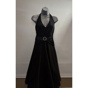 B. Darlin Black Halter Vintage Y2K Tie Back Dress Satin Tulle Sash Rhinestone